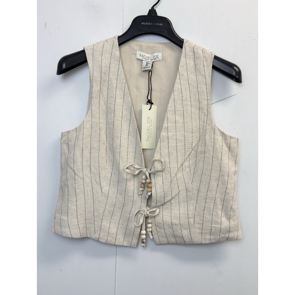 NWT Rachel Zoe Linen‎ Blend Tie Front Vest Top Women's S Striped Oatmeal Lined